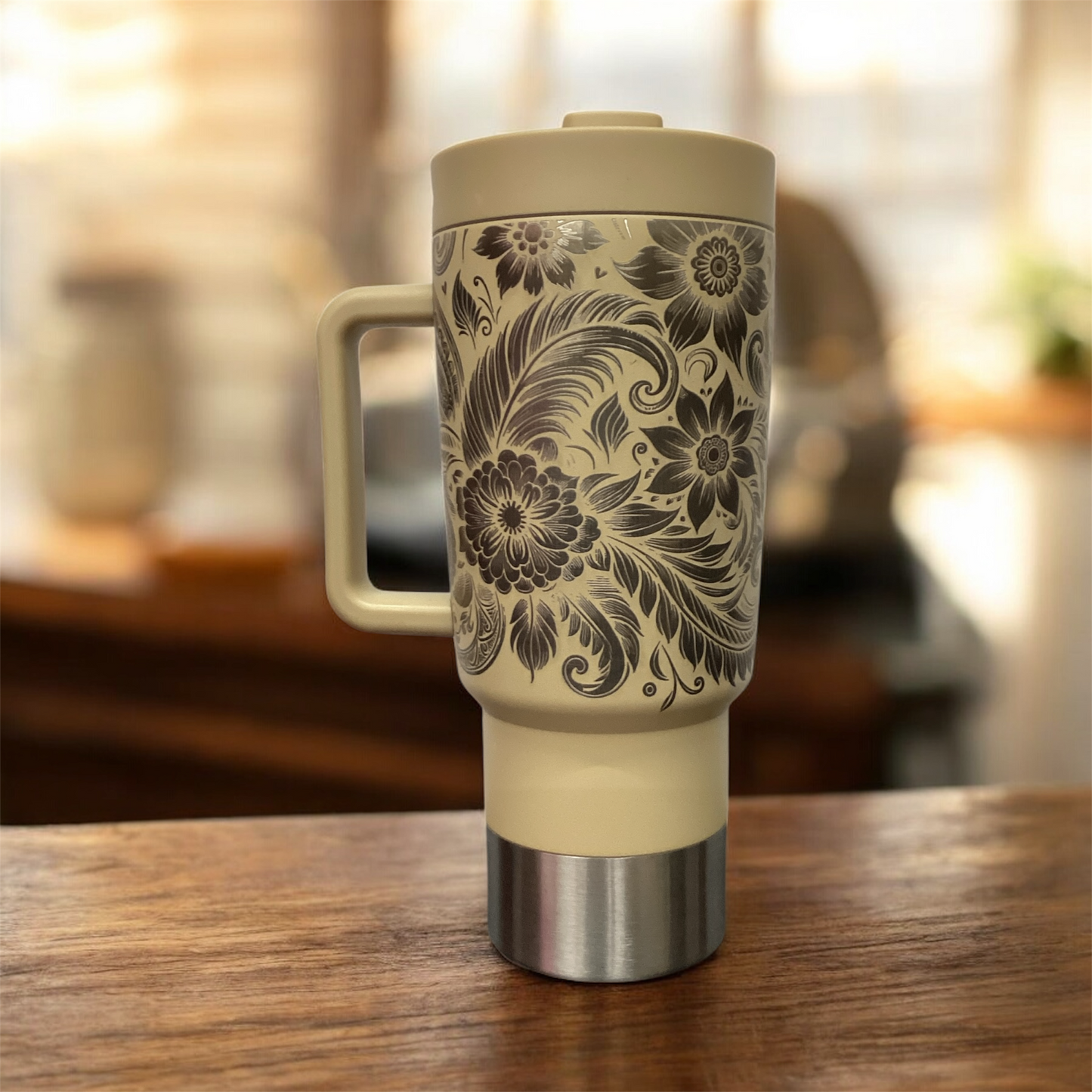 The Fifty Fifty 30 oz tumbler Tan color w/ laser.
