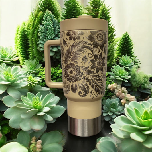 The Fifty Fifty 30 oz tumbler Tan color w/ laser.