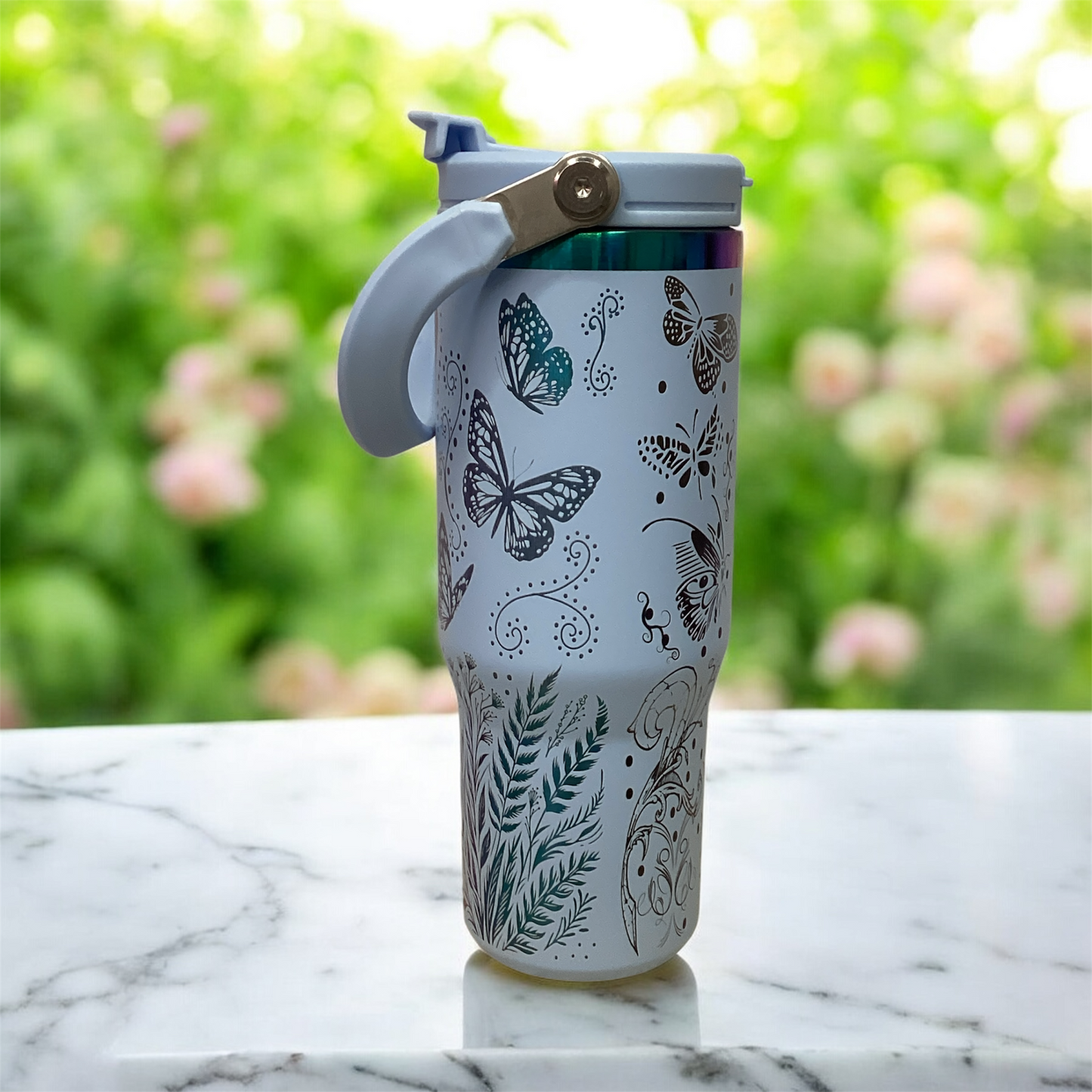 This 30 oz stainless steel tumbler features Sleek, Durable