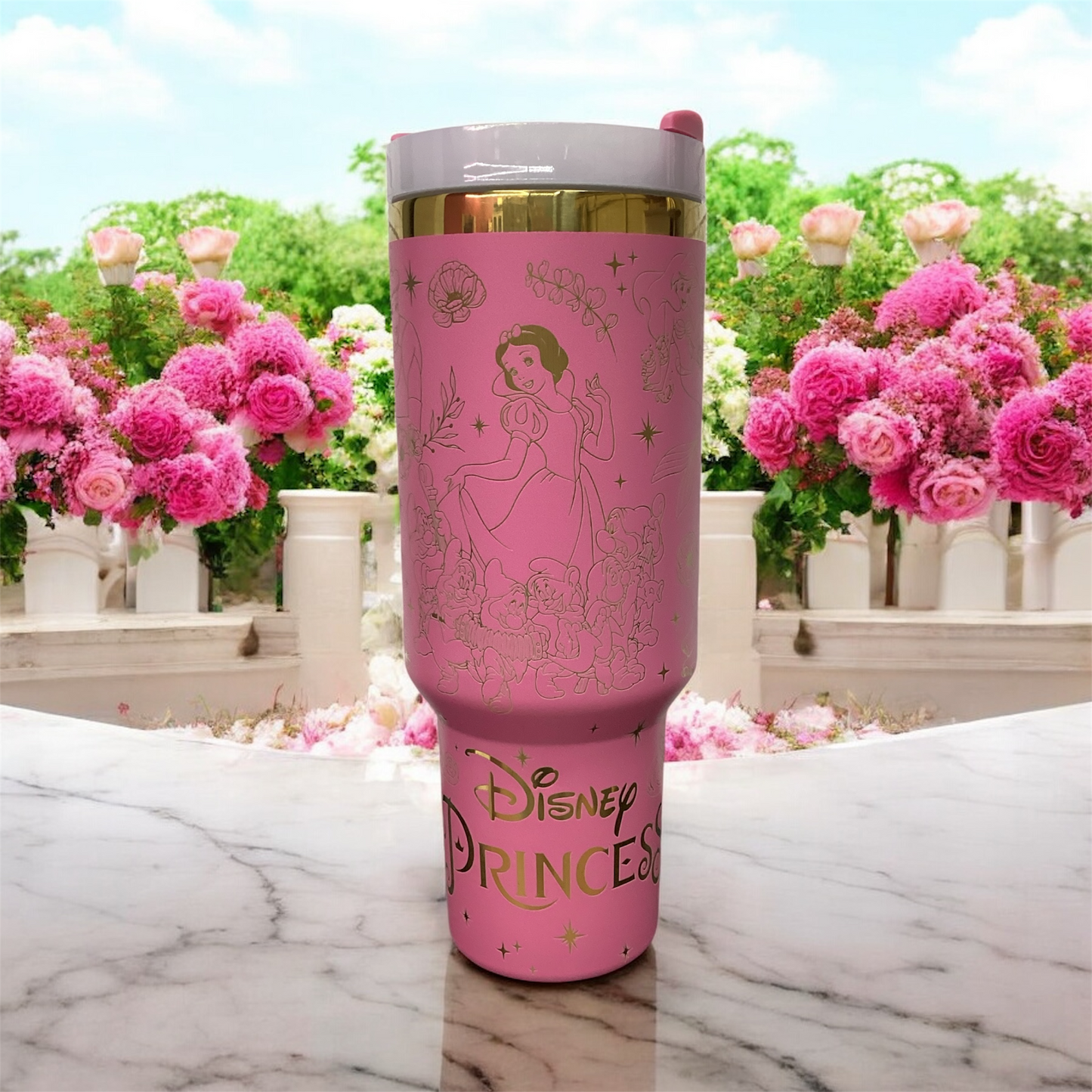 This 40 oz stainless steel pink tumbler, laser-engraved  design