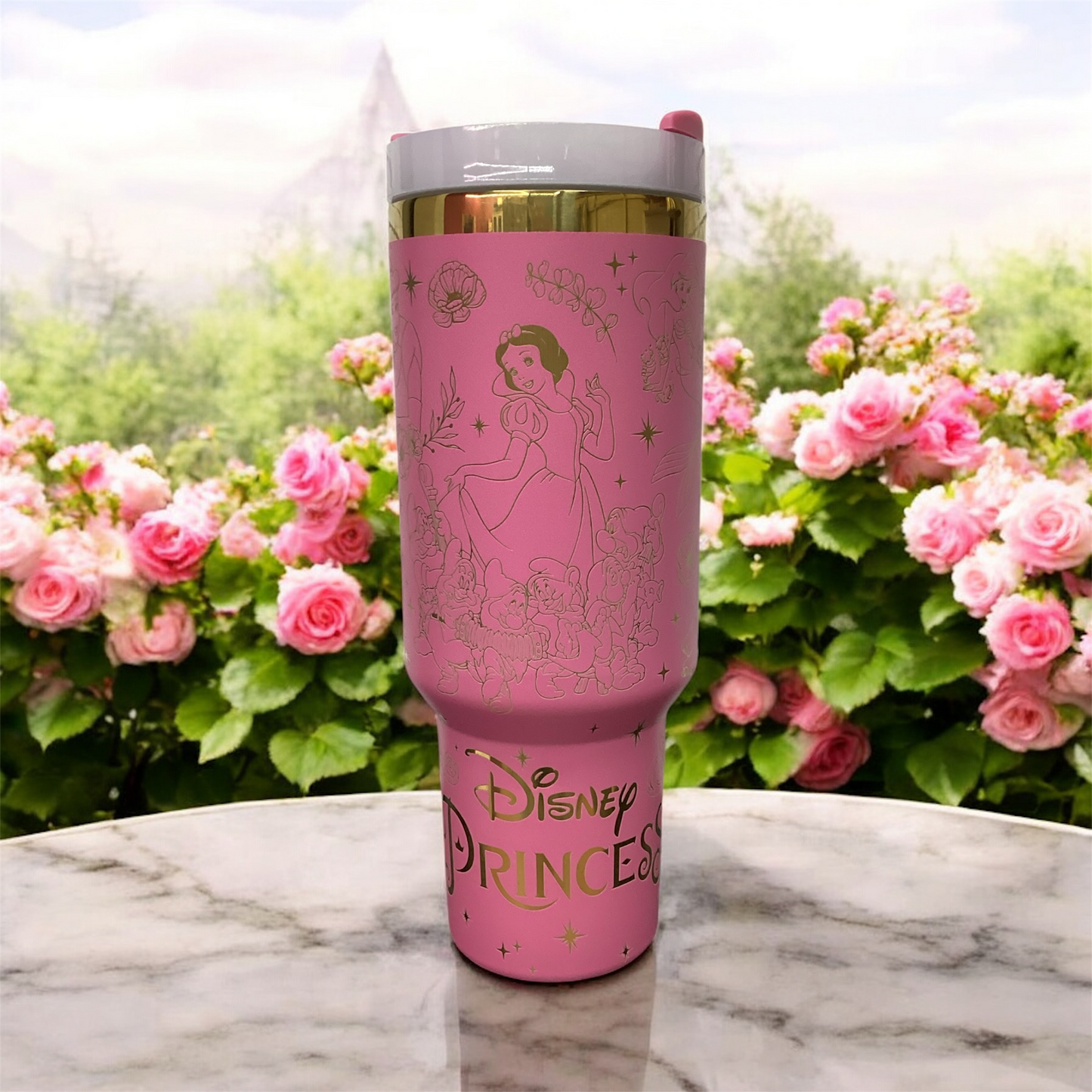 This 40 oz stainless steel pink tumbler, laser-engraved  design