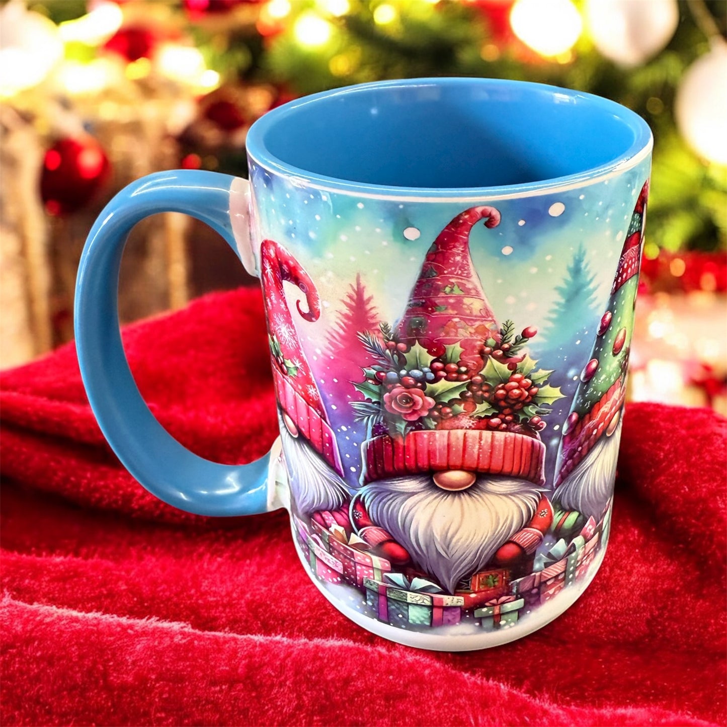 Charming 15 oz ceramic mug featuring a delightful gnome Christmas design.