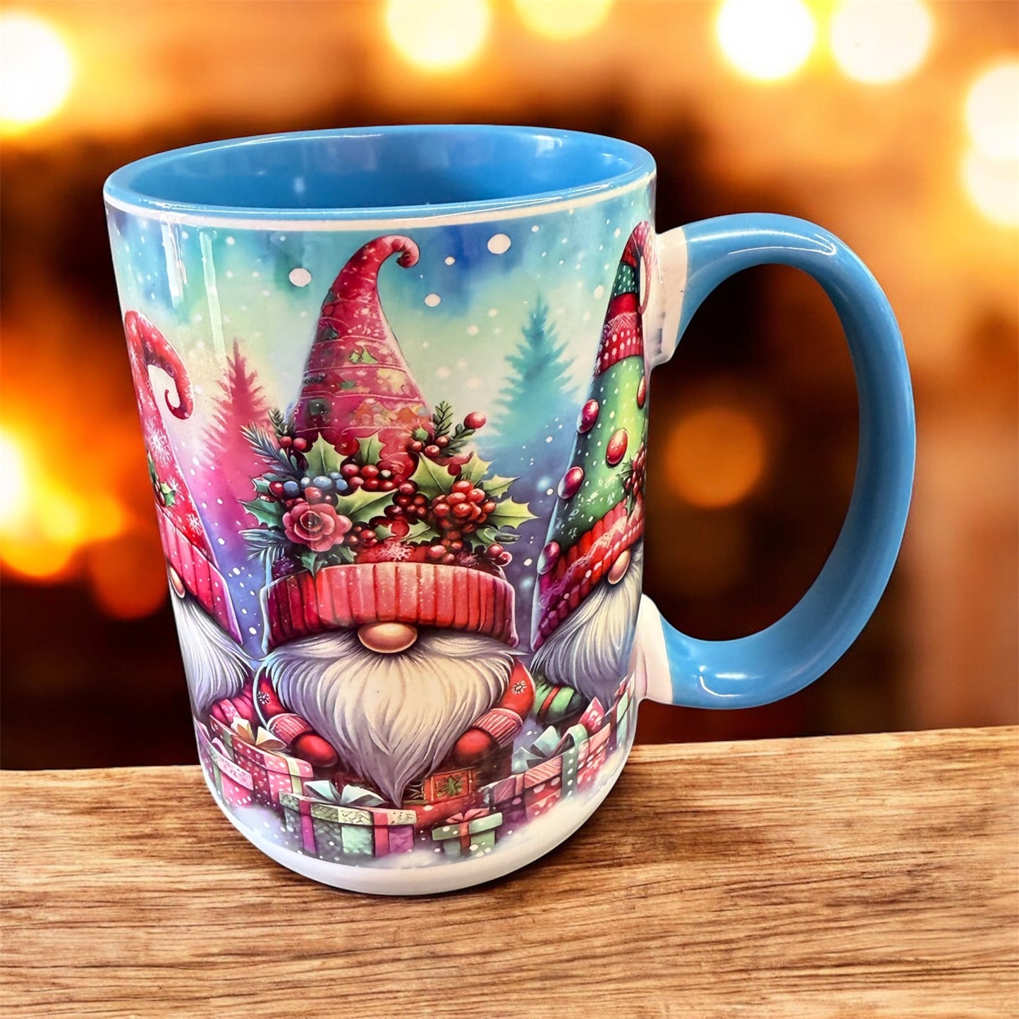 Charming 15 oz ceramic mug featuring a delightful gnome Christmas design.