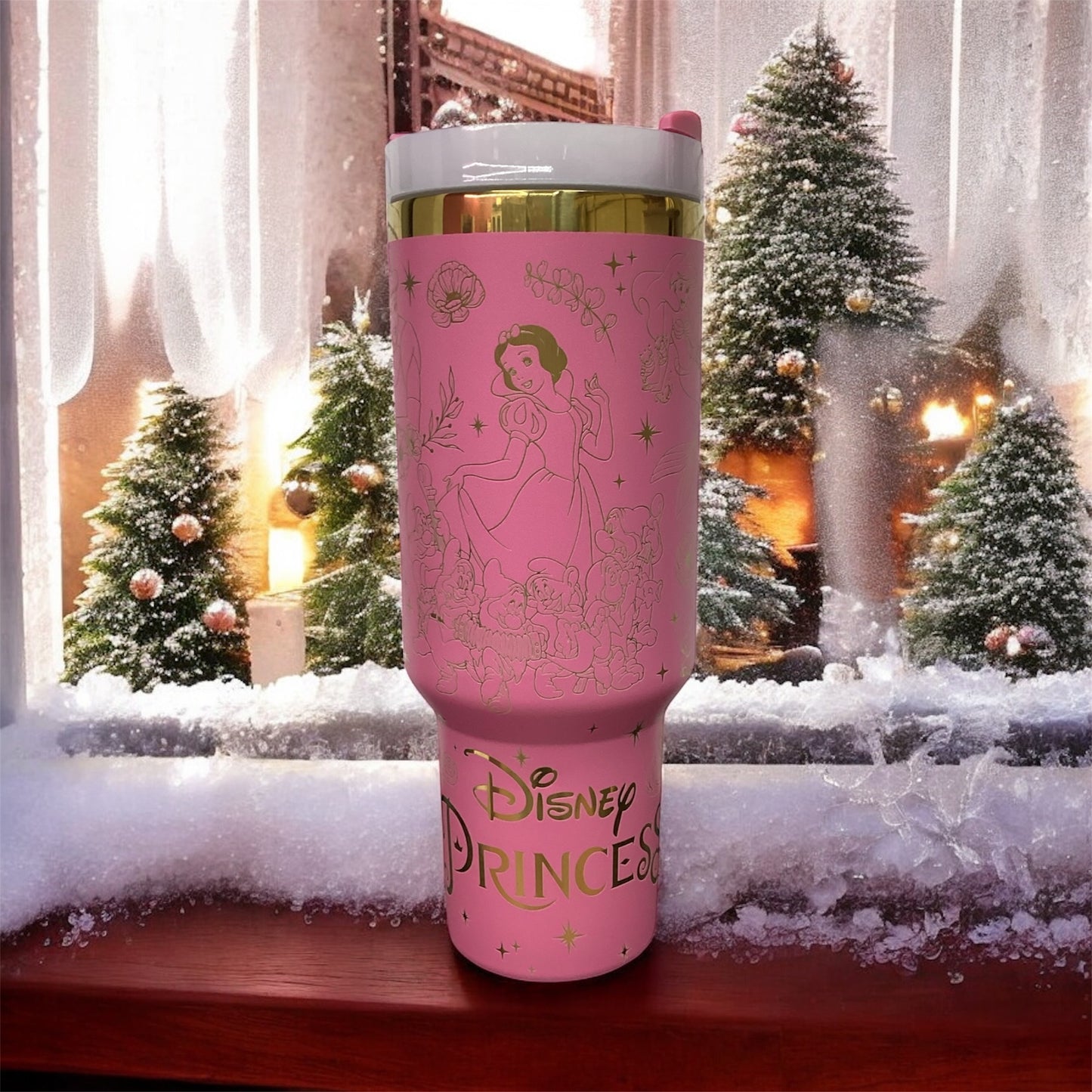 This 40 oz stainless steel pink tumbler, laser-engraved  design
