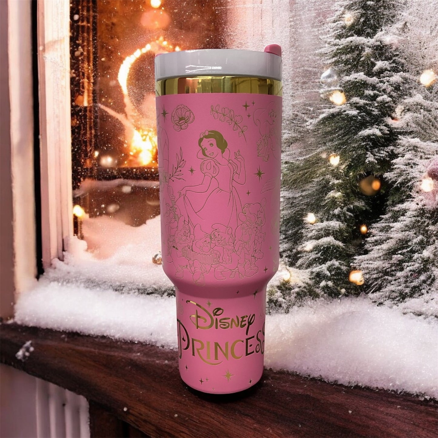 This 40 oz stainless steel pink tumbler, laser-engraved  design