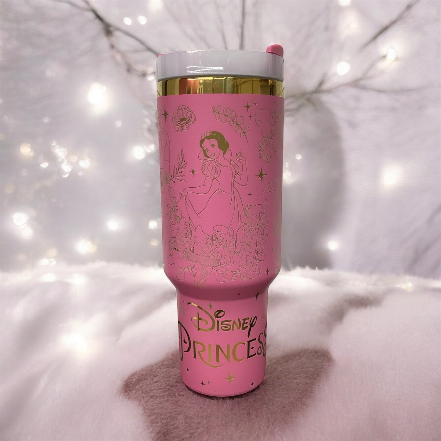 This 40 oz stainless steel pink tumbler, laser-engraved  design