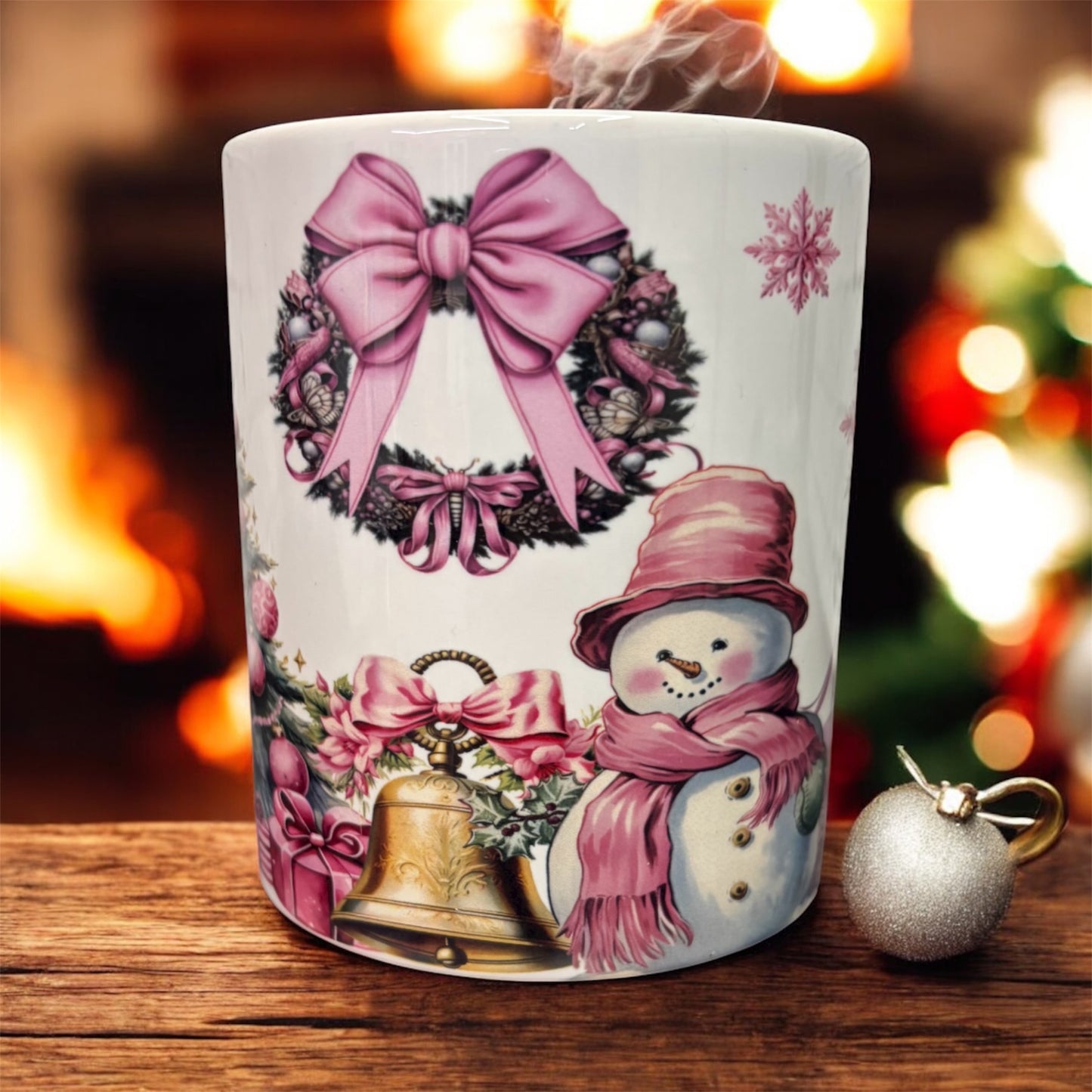 Elegant 11 oz mug featuring charming pink snowman Christmas