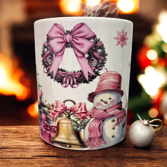 Elegant 11 oz mug featuring charming pink snowman Christmas