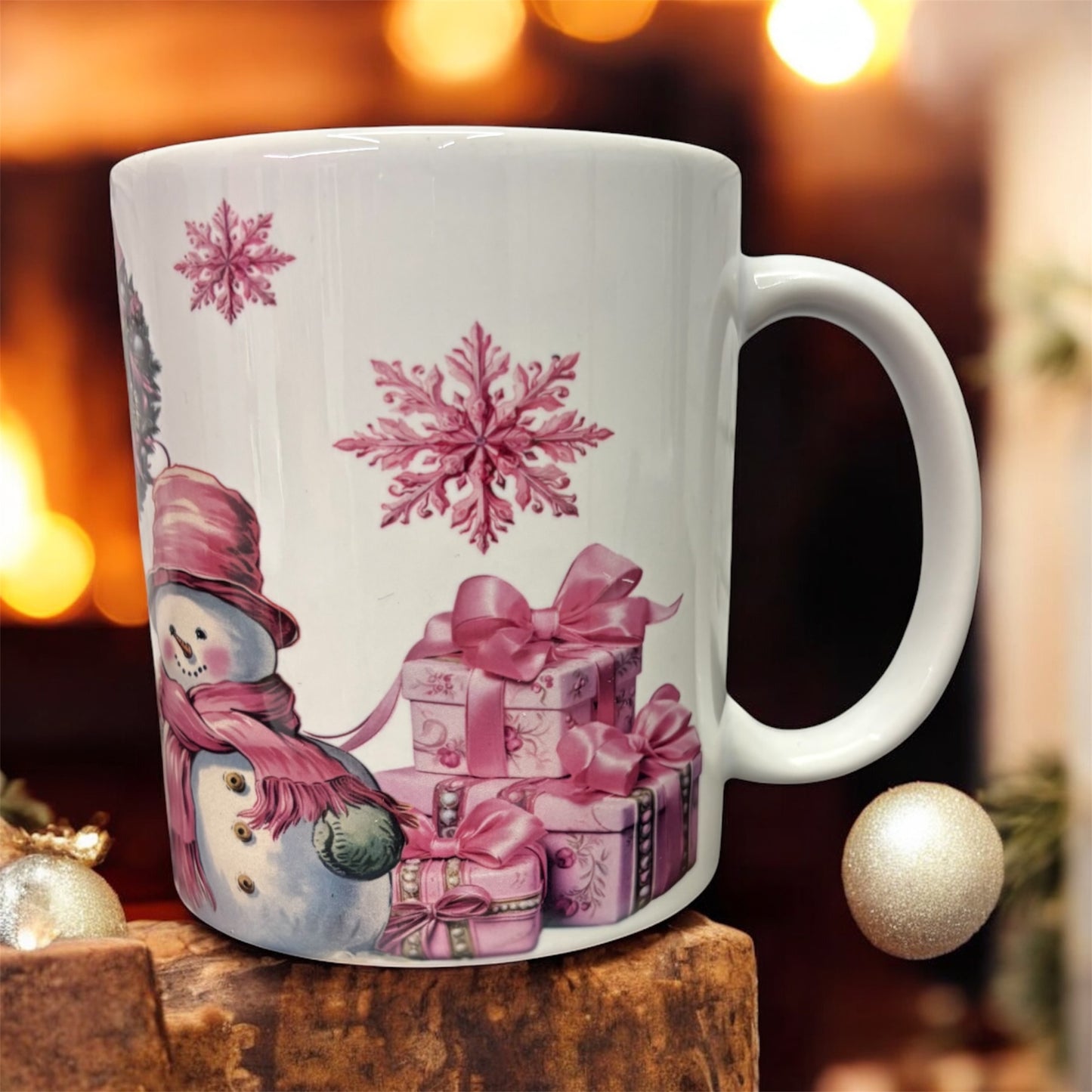 Elegant 11 oz mug featuring charming pink snowman Christmas