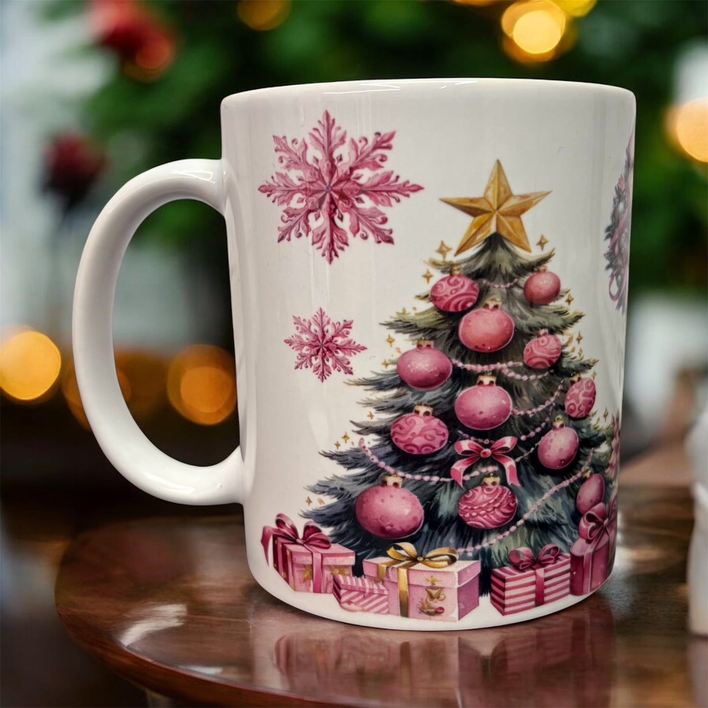 Elegant 11 oz mug featuring charming pink snowman Christmas