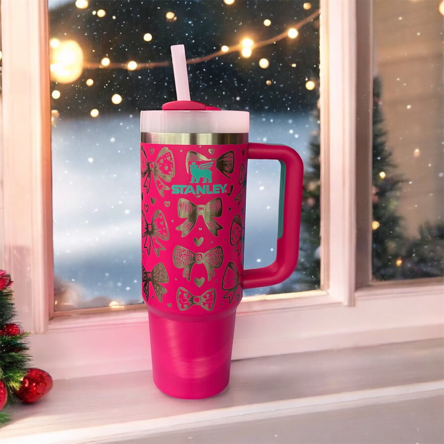 Pink  30 oz Stanley tumbler Laser engraved bow design