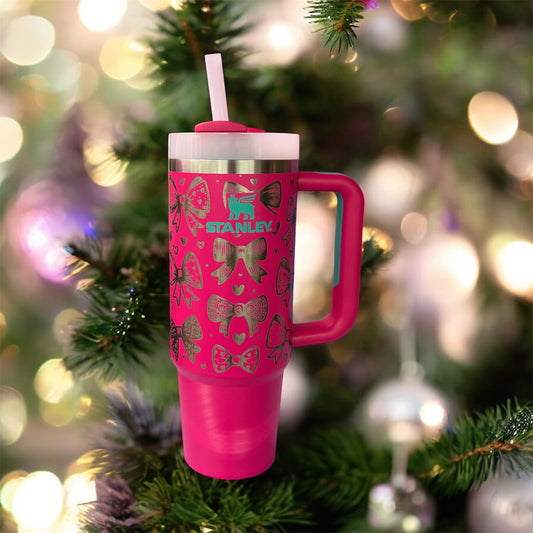 Pink  30 oz Stanley tumbler Laser engraved bow design