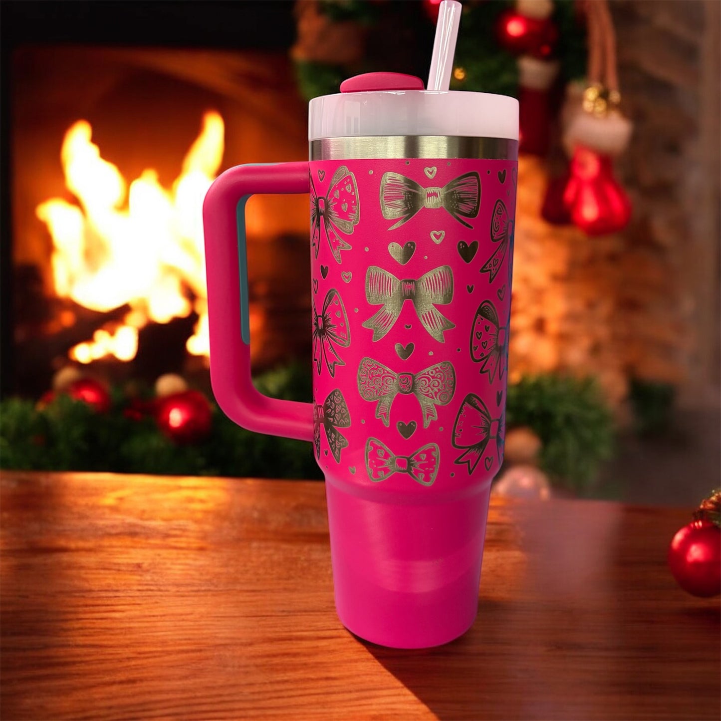 Pink  30 oz Stanley tumbler Laser engraved bow design