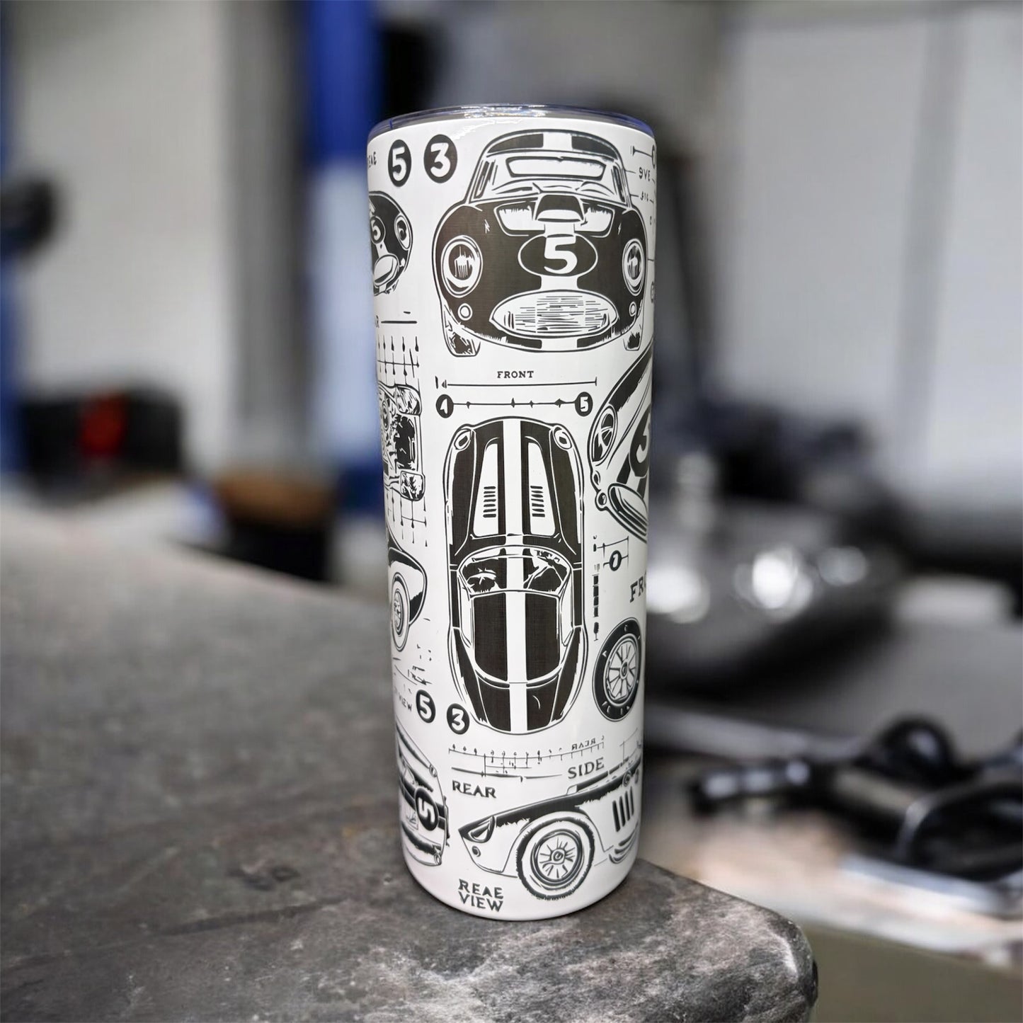 20 oz stainless steel tumbler with laser-engraved car lover design