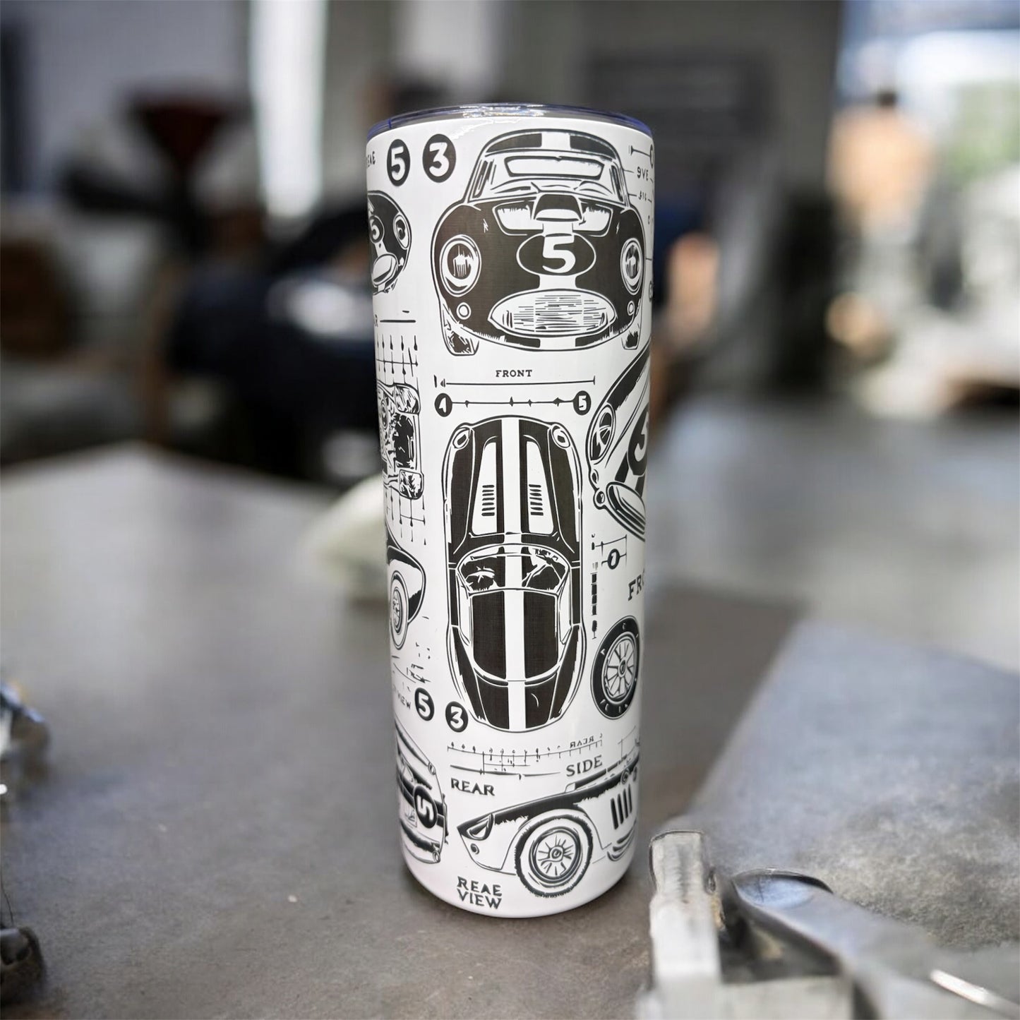 20 oz stainless steel tumbler with laser-engraved car lover design
