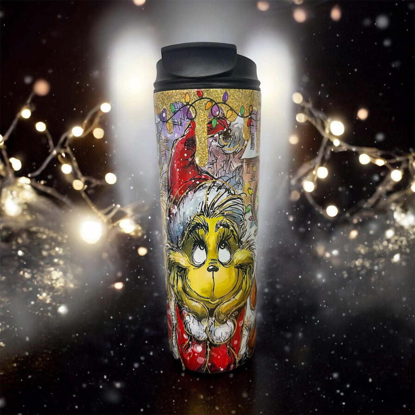 20 oz stainless steel tumbler, engineered for durability and portability Featuring vibrant Grinch-inspired artwork