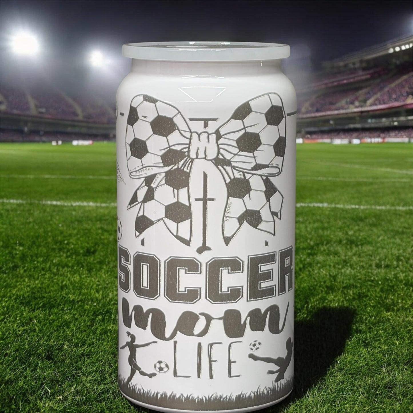 16oz stainless steel tumbler laser-engraved with a distinctive mom soccer design