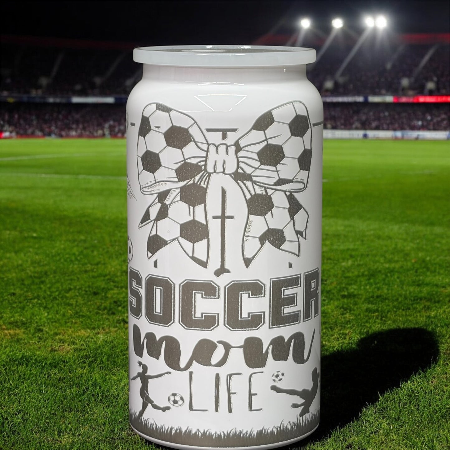 16oz stainless steel tumbler laser-engraved with a distinctive mom soccer design