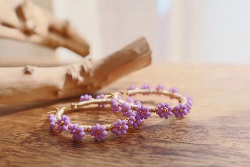 Beautiful Small Purple Flower Beaded Earrings