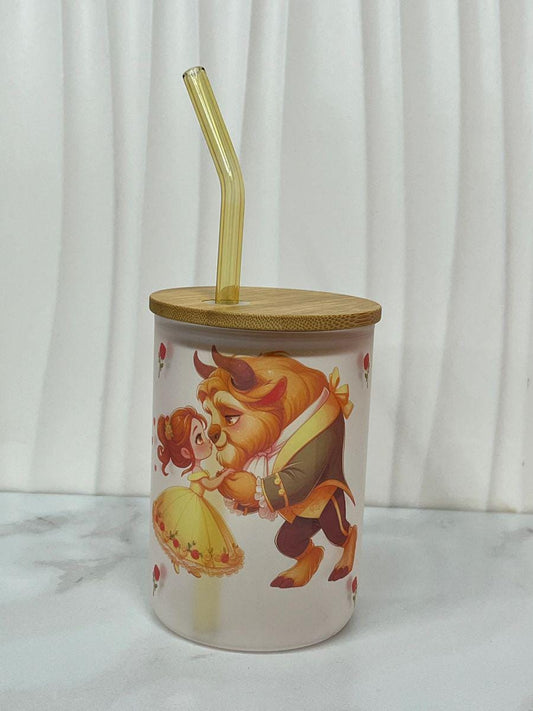 Beauty and the Beast Kiss Mug: Frosted Glass Beer Can with Bamboo Lid