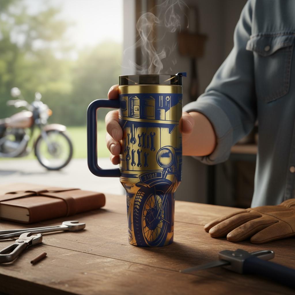 Blue Tumbler 40 oz Mechanic Garage Motorcycle Laser Engraved