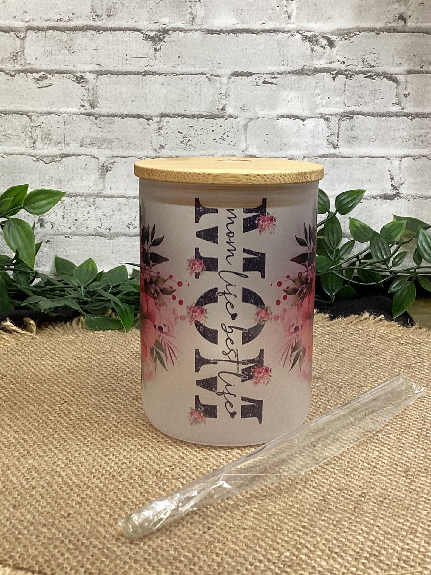 Pink Flower Mom Glass Mug with handle and Bamboo Lid 16 oz