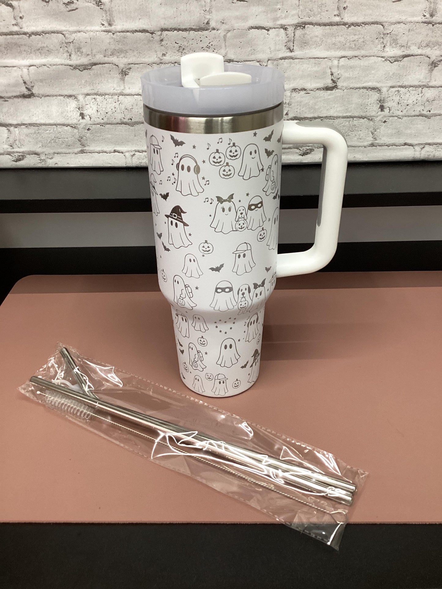 Fun Halloween Ghost  tumbler 40 oz  Laser Engraved - White and silver tumbler with Handle