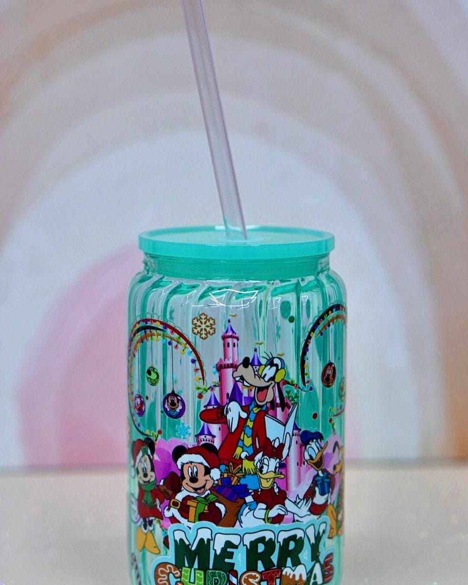 16 oz Green Glass Cup Merry Christmas with Mickey friends - Christmas Mug