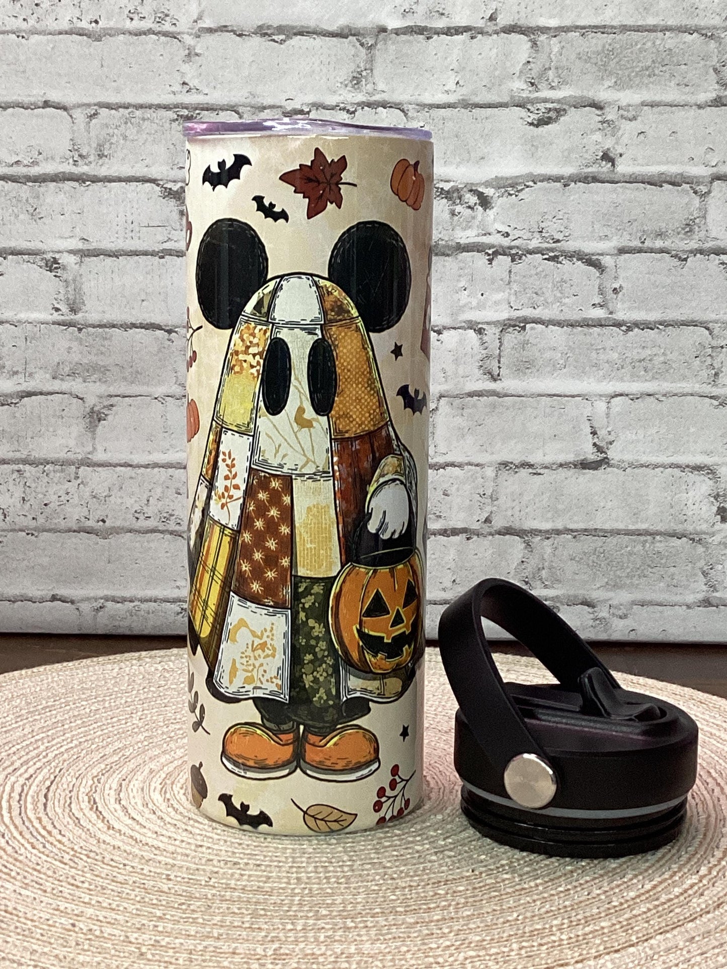 Halloween Ghost Tumbler: Patchwork Cloak, Mickey Ears - 20 oz