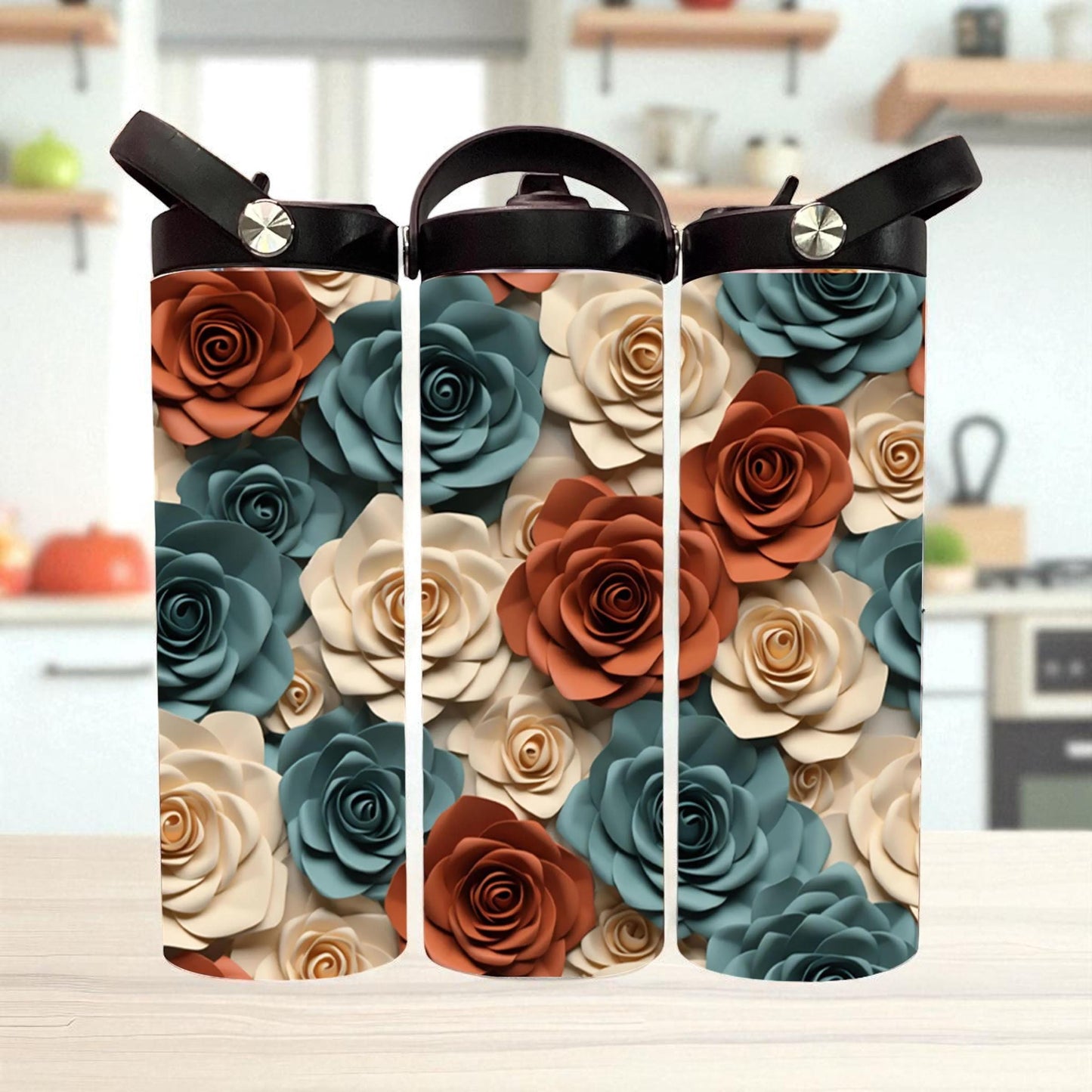 3D Rose Flower Tumbler - Blue and Beige 20 oz Stainless Steel