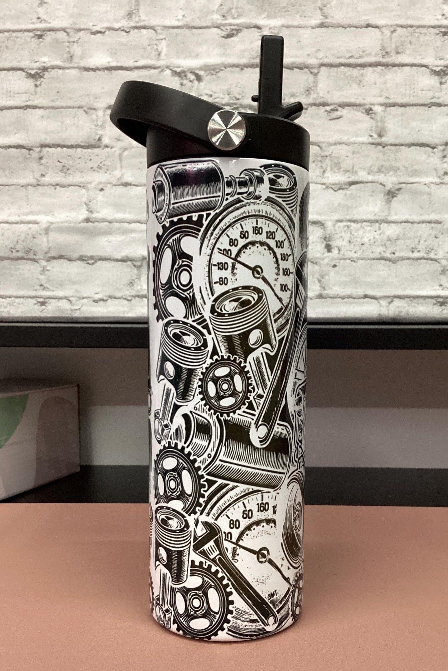 Gearhead Car Engine Tumbler: Black & White Design, 20oz