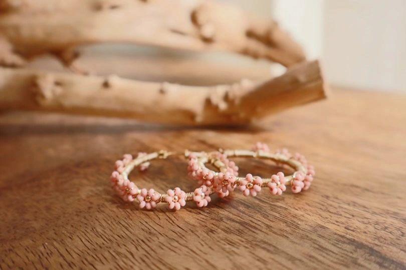 Beautiful Light Pink Beaded Hoop Earrings