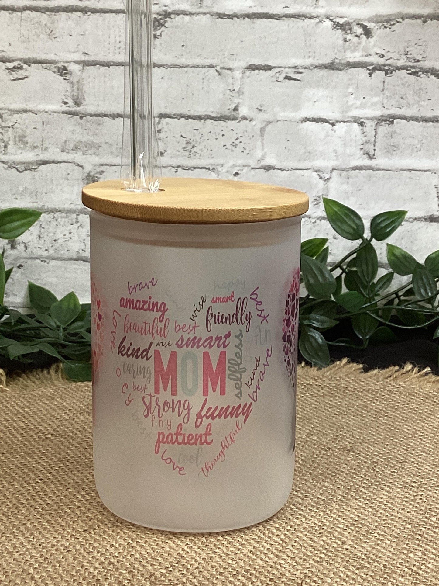 Mom Frosted Glass Mug with Handle 16 oz Bamboo Lid and Straw
