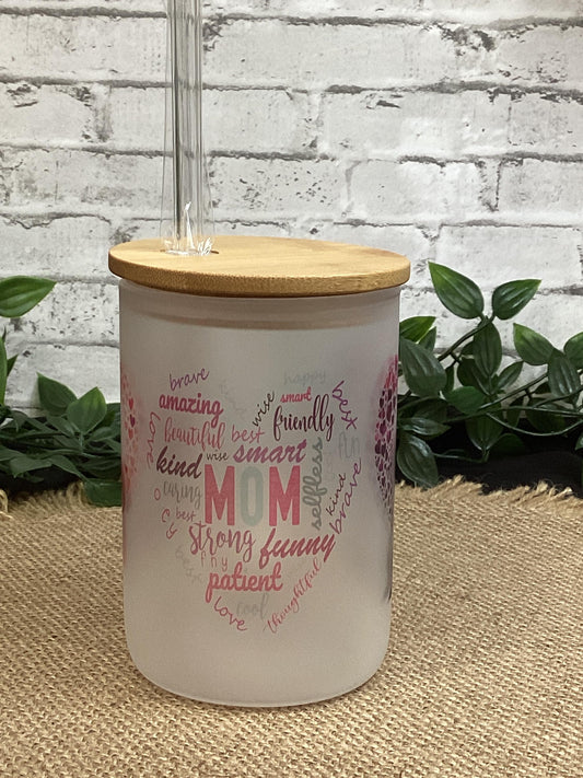 Mom Frosted Glass Mug with Handle 16 oz Bamboo Lid and Straw