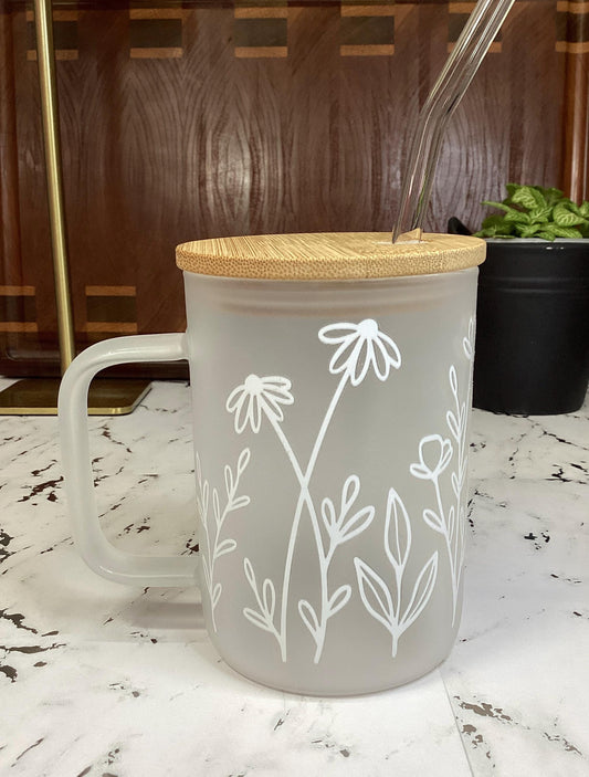 Frosted Glass Mug: 16 oz Floral Design, Birthday Gift