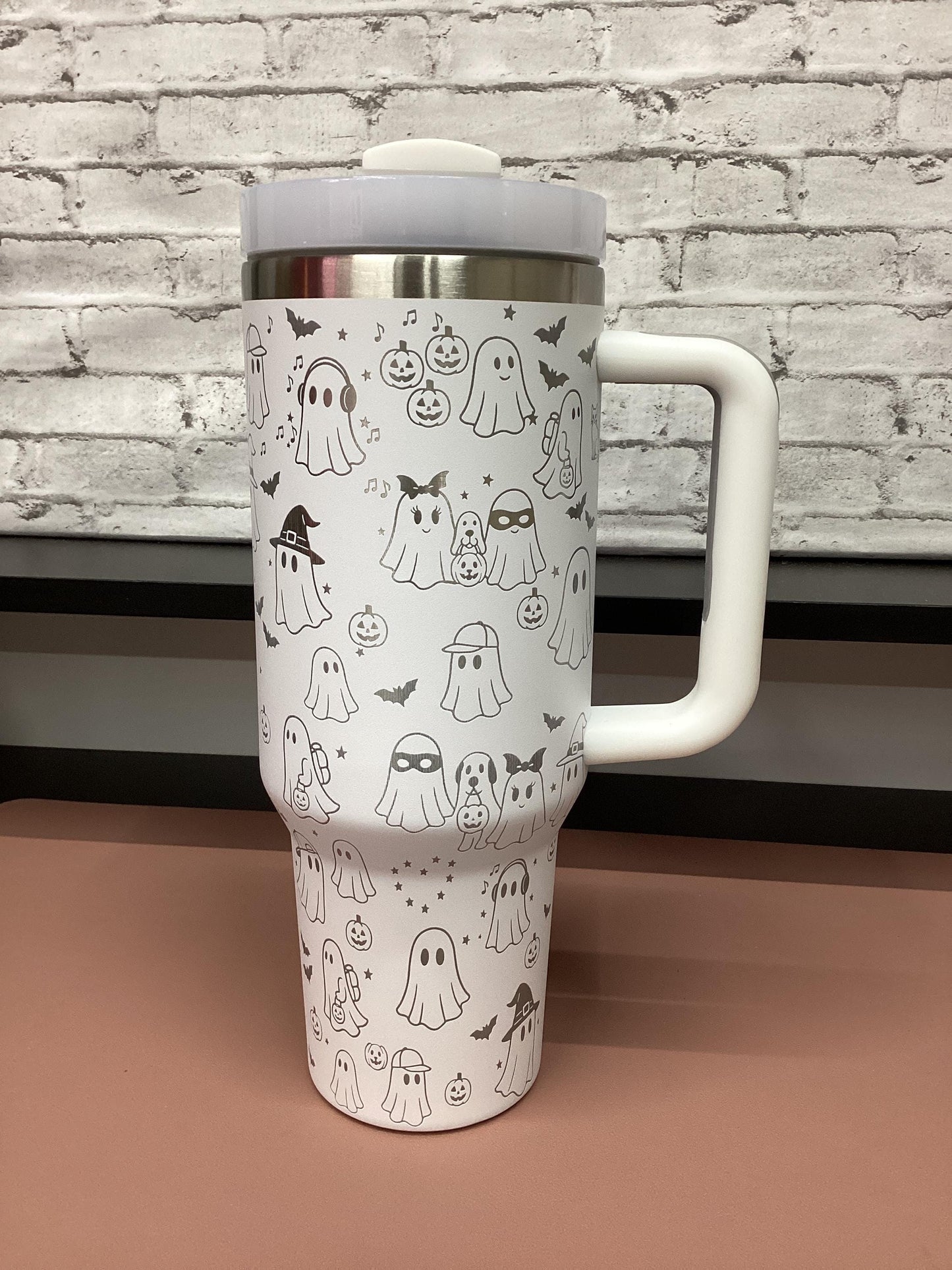Fun Halloween Ghost  tumbler 40 oz  Laser Engraved - White and silver tumbler with Handle