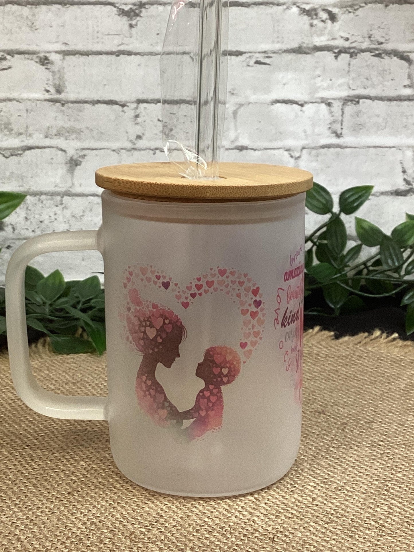 Mom Frosted Glass Mug with Handle 16 oz Bamboo Lid and Straw