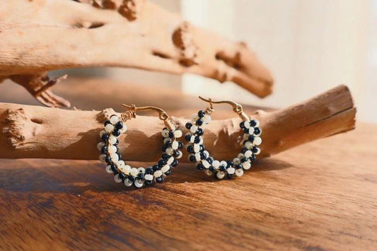 Elegant Black and Beige Beaded Hoop Earrings