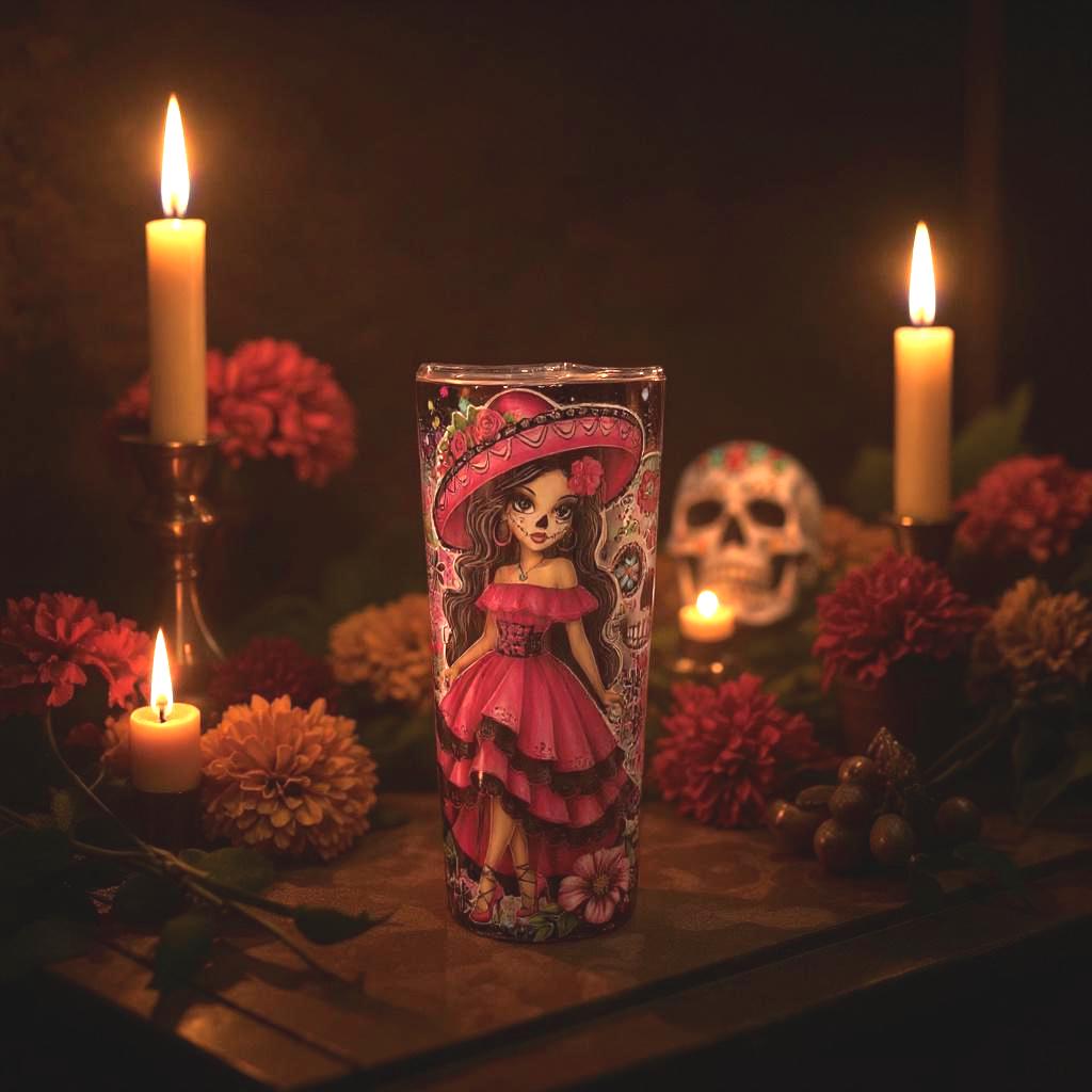 Pretty Pink Mexican Day of the dead tumbler 20 oz, Pink Tumbler Design Mexican Culture