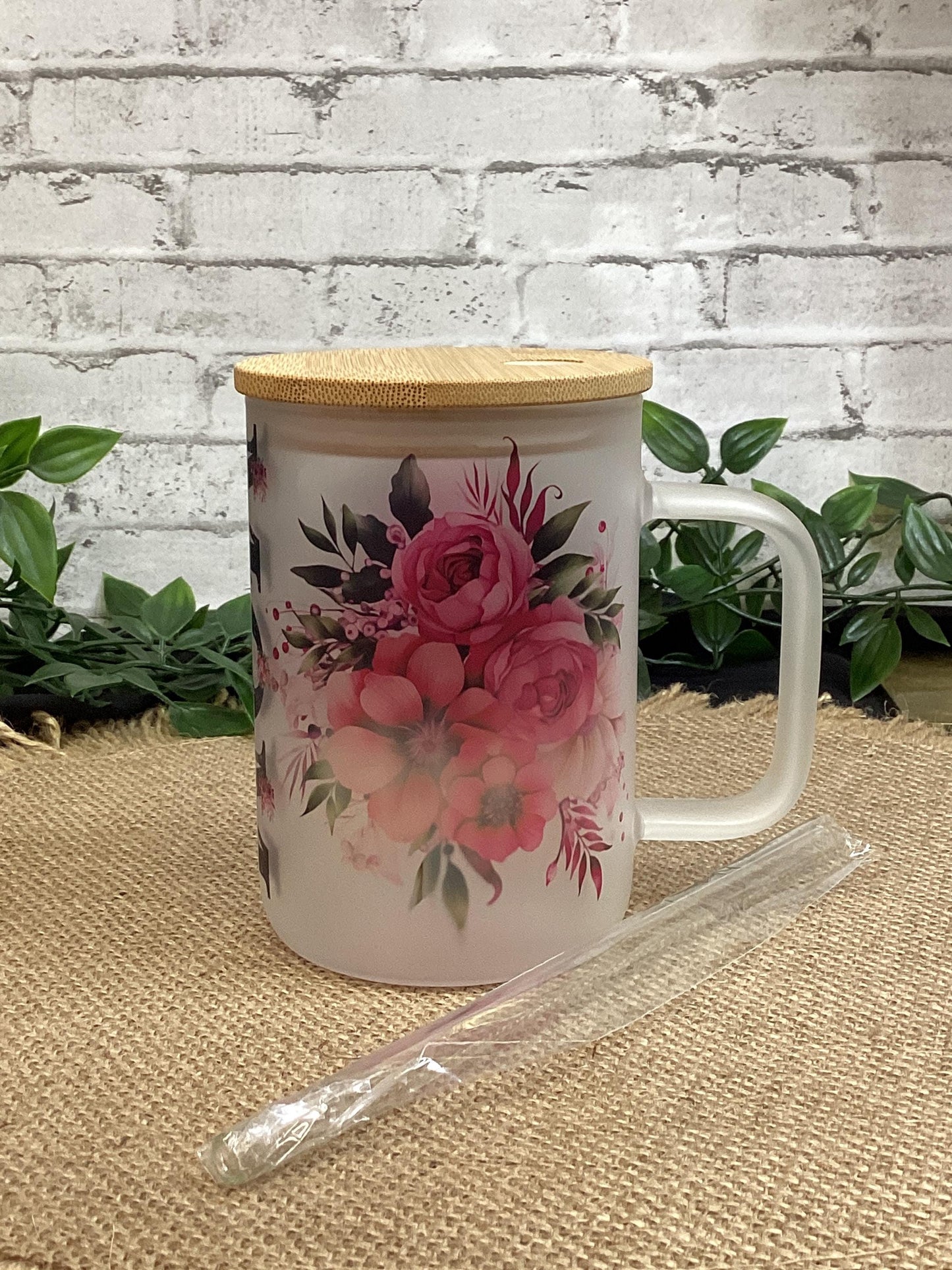 Pink Flower Mom Glass Mug with handle and Bamboo Lid 16 oz