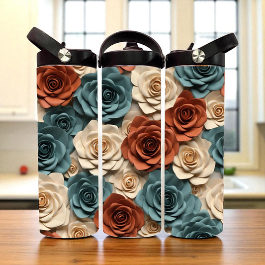 3D Rose Flower Tumbler - Blue and Beige 20 oz Stainless Steel
