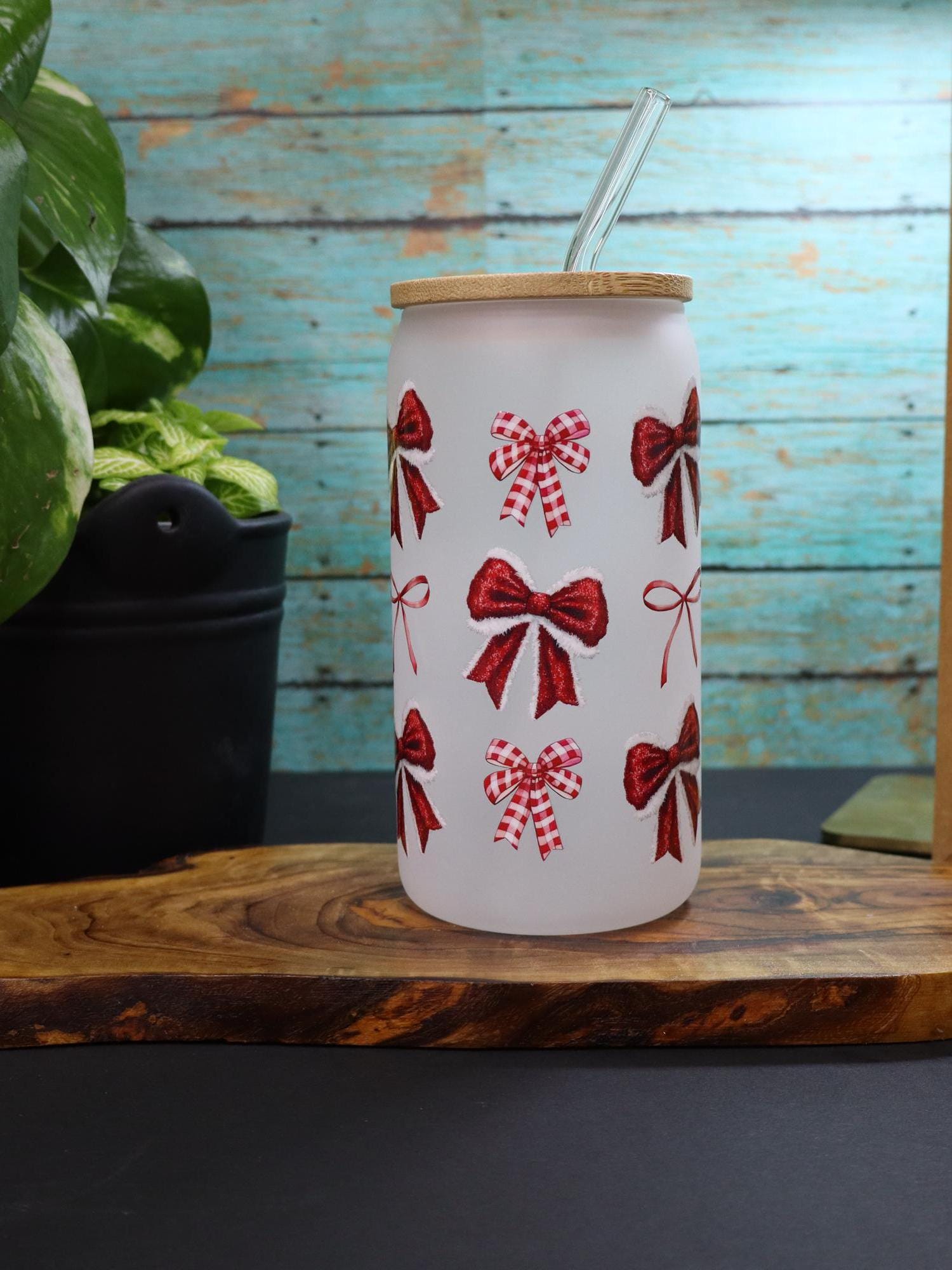 Red Bow Frosted Glass Can with Straw: Coquette Mug
