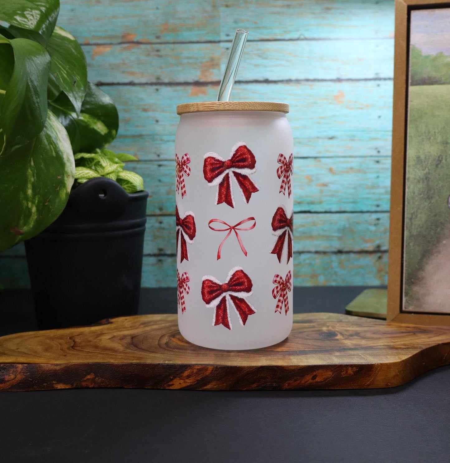 Red Bow Frosted Glass Can with Straw: Coquette Mug