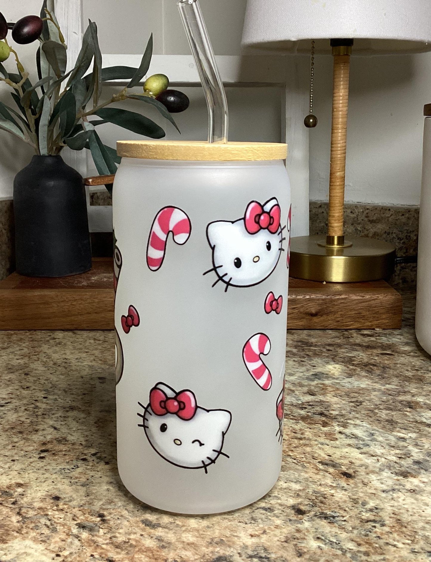 Hello Kitty Christmas Glass Mug: Candy Cane Fan Gift (16 oz)