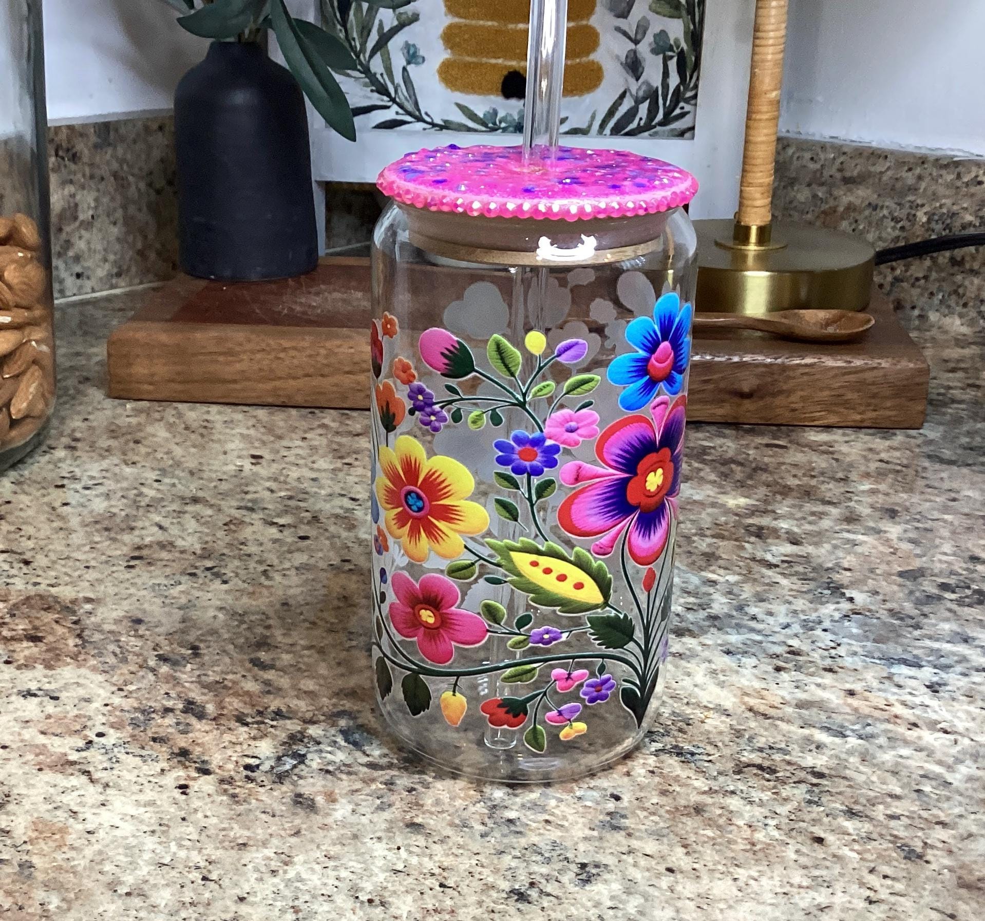 Mexican Flowers Glass Mug 16 oz, with upgrade bamboo Lid, Glitter Lid Topper w/ glass straw, Pink Lid with rhinestones