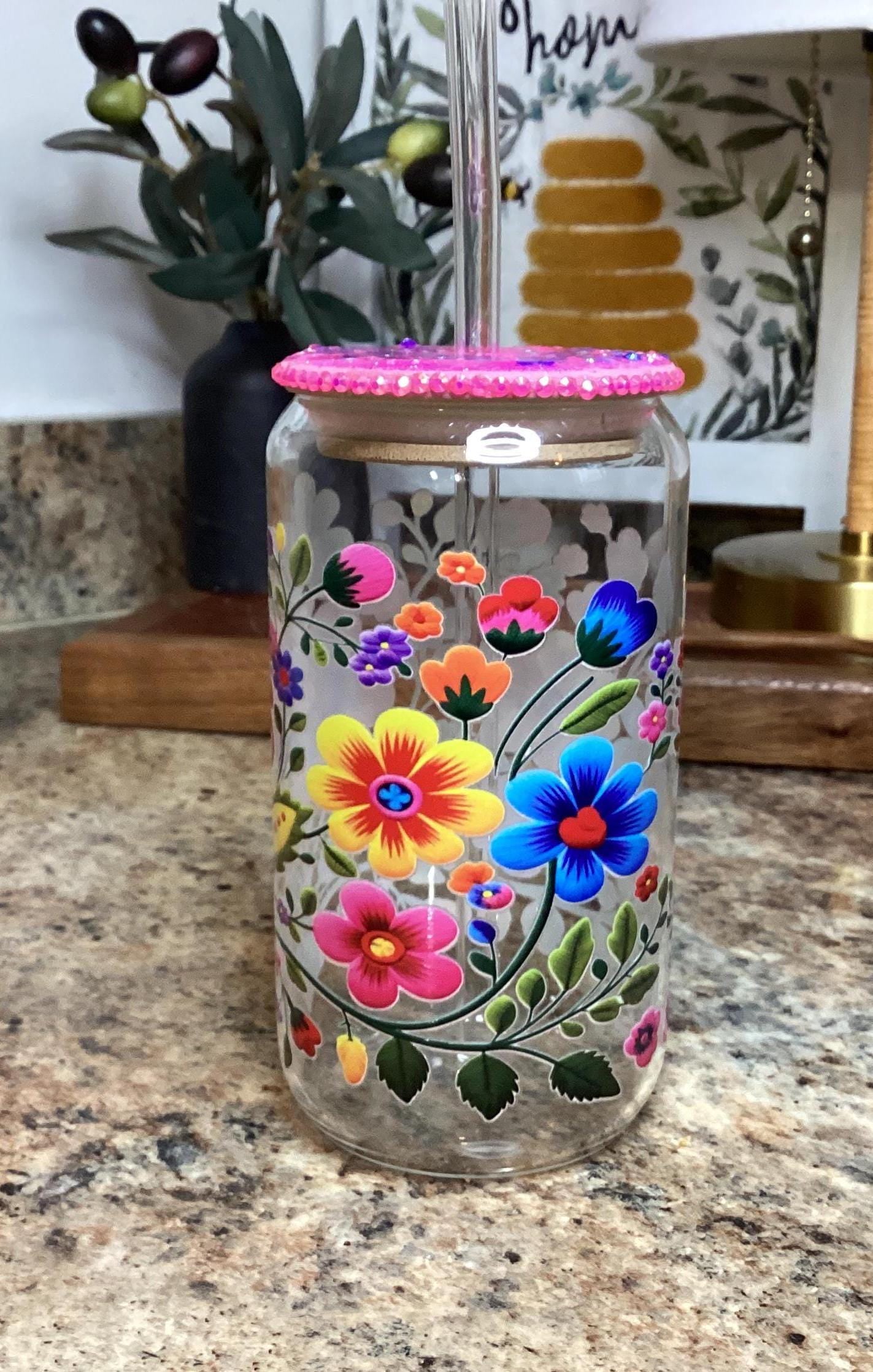 Mexican Flowers Glass Mug 16 oz, with upgrade bamboo Lid, Glitter Lid Topper w/ glass straw, Pink Lid with rhinestones
