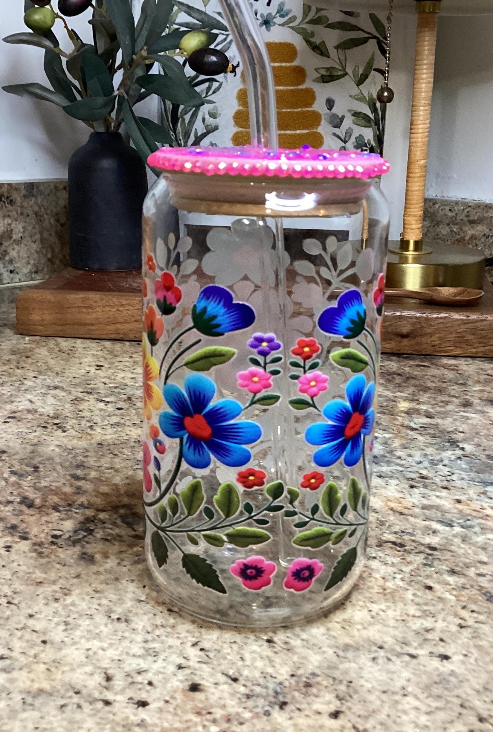 Mexican Flowers Glass Mug 16 oz, with upgrade bamboo Lid, Glitter Lid Topper w/ glass straw, Pink Lid with rhinestones