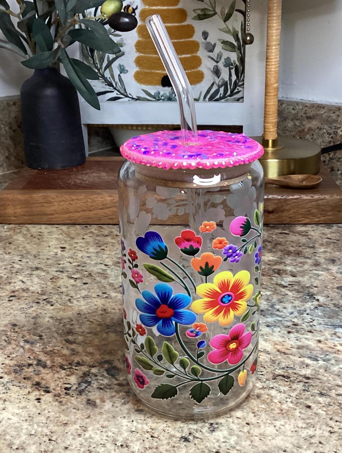 Mexican Flowers Glass Mug 16 oz, with upgrade bamboo Lid, Glitter Lid Topper w/ glass straw, Pink Lid with rhinestones