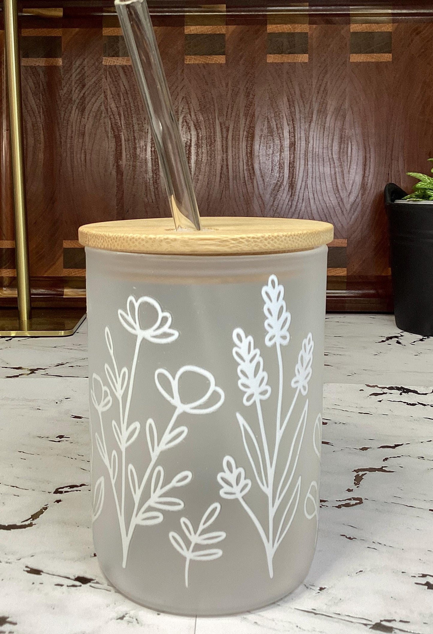 Frosted Glass Mug: 16 oz Floral Design, Birthday Gift