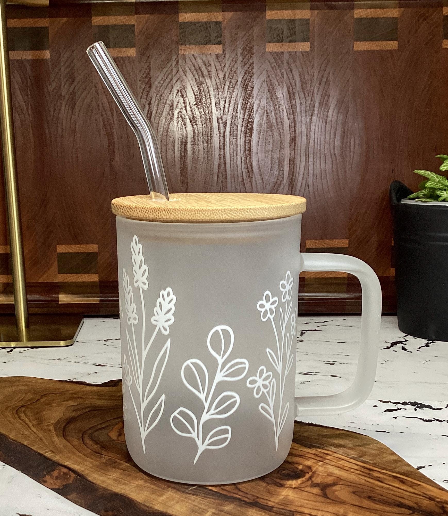 Frosted Glass Mug: 16 oz Floral Design, Birthday Gift